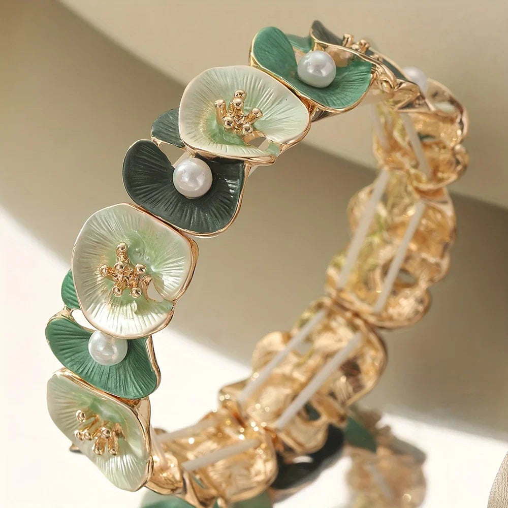 Vintage Groene Bloemen Parels Bracelet