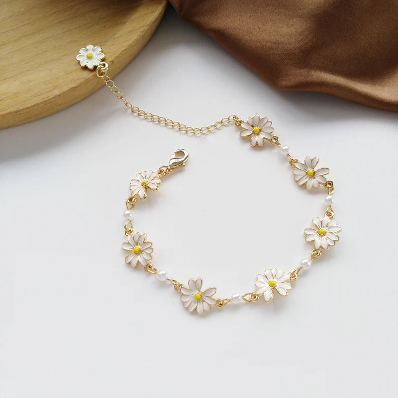 Vintage Parelen Gouden Witte Bloem Armband