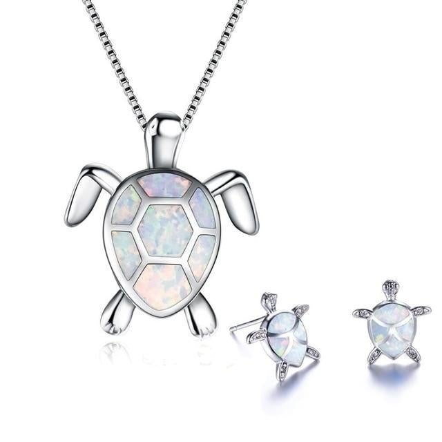 Zeewater Schildpad Hanger + Oorbellen Set in Opal en Zilver