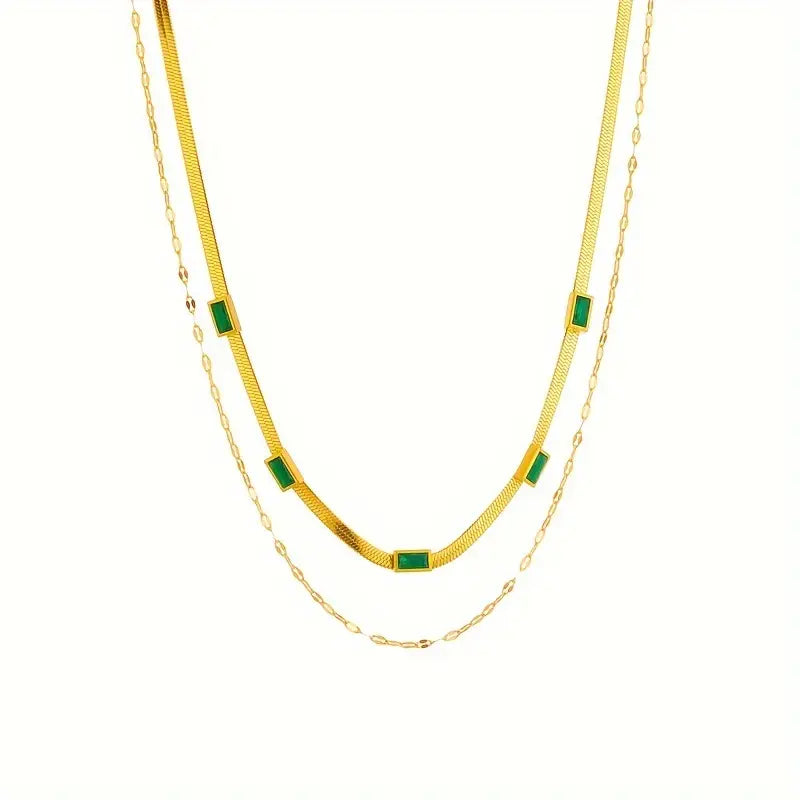 Sorella Dubbele Streng Retro Gouden Ketting met Edelsteen