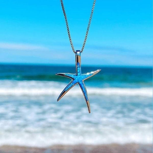 Blauwe Opal en Zilveren Zee Ster Necklace