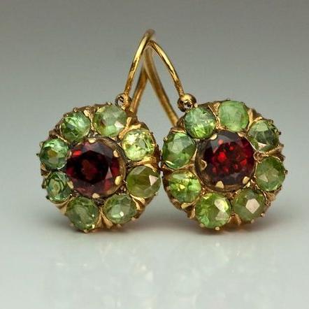 Vintage Ronde Groene & Rode Kristallen Oorbellen