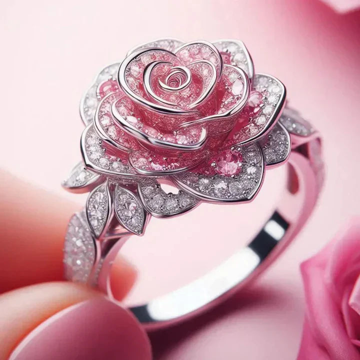 Exotische Zilveren Ring met Roze Bloemen
