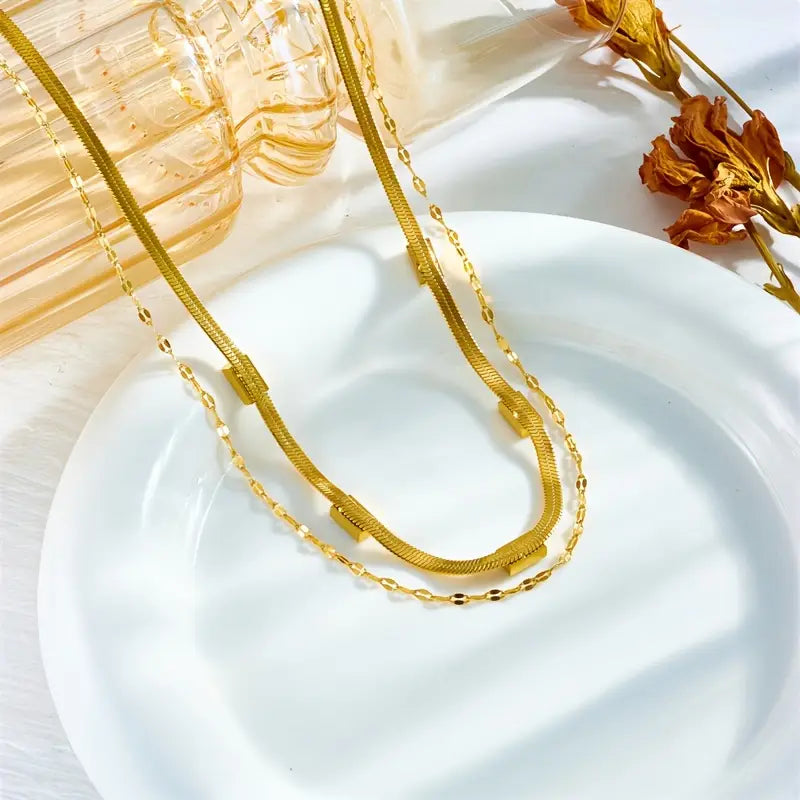 Sorella Dubbele Streng Retro Gouden Ketting met Edelsteen