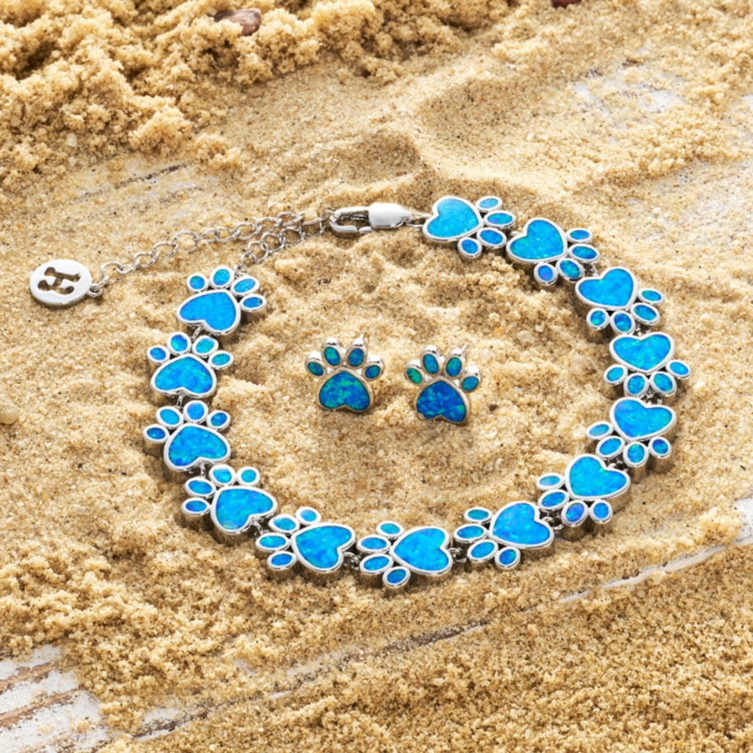 Oceanic Paw Blauwe Opal en Zilveren Armband + Oorbellen Set | Duurzame Ocean-Inspirerende Sieraden