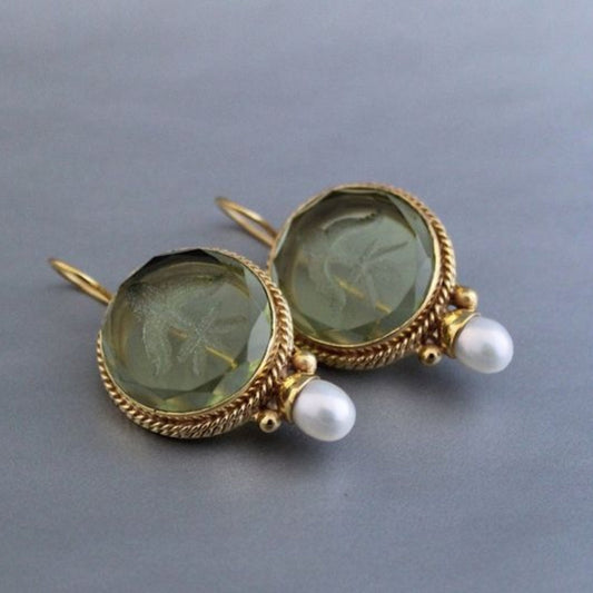 Vintage Ronde Groene Steen Pareloorbellen
