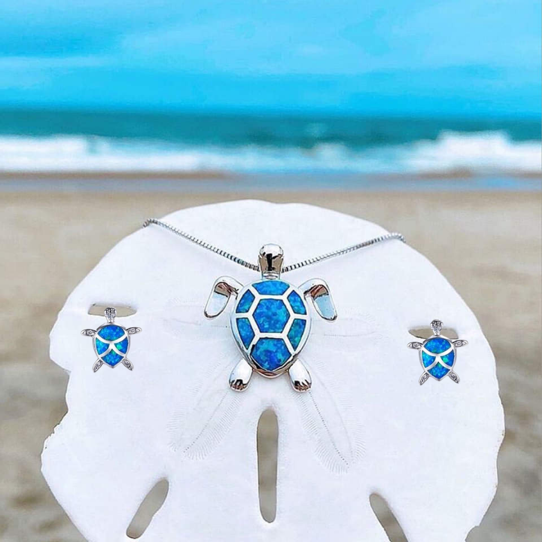 Zeewater Schildpad Hanger + Oorbellen Set in Opal en Zilver | Duurzame Ocean-Inspirerende Sieraden