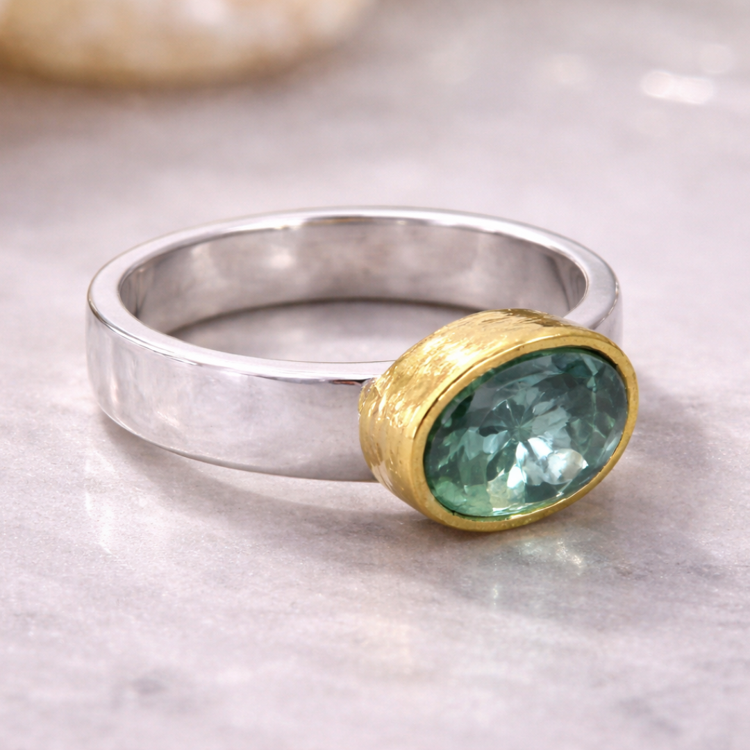 Vintage Groene Zilver Verchroomde Ring