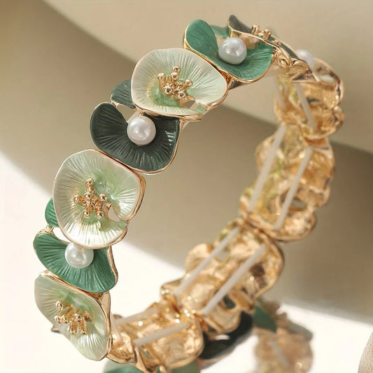 Vintage Groene Bloemenparel Armband