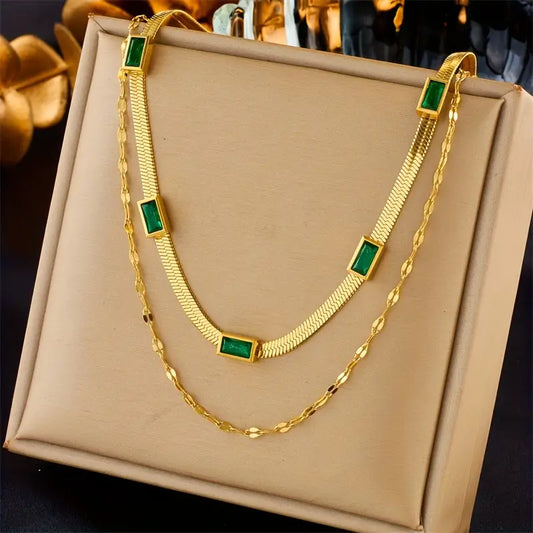 Sorella Dubbele Streng Retro Gouden Ketting met Edelsteen