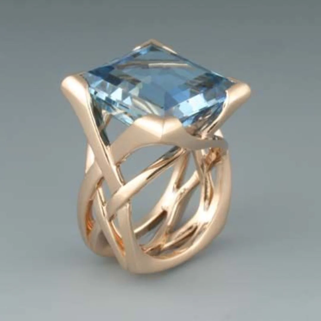 Vintage Roze Gouden Blauwe Zirkonia Ring