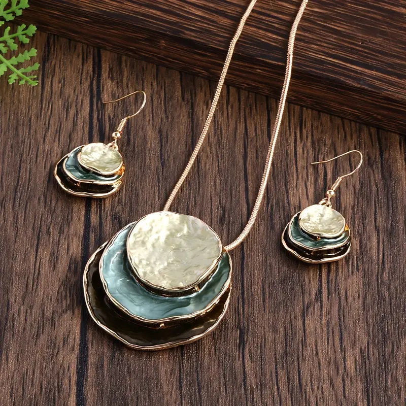 Vintage Blauwe Gelaagde Steen Set (Ketting + Oorbellen)