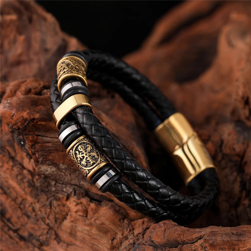 Zwarte Geweven Leren & Gouden Charms Armband
