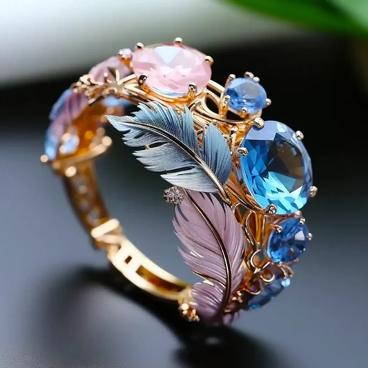 Vintage Exotische Veer Kristallen Ring