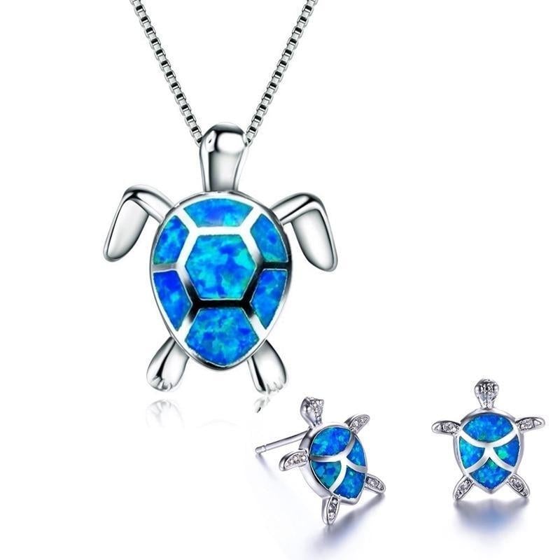 Zeewater Schildpad Hanger + Oorbellen Set in Opal en Zilver | Duurzame Ocean-Inspirerende Sieraden
