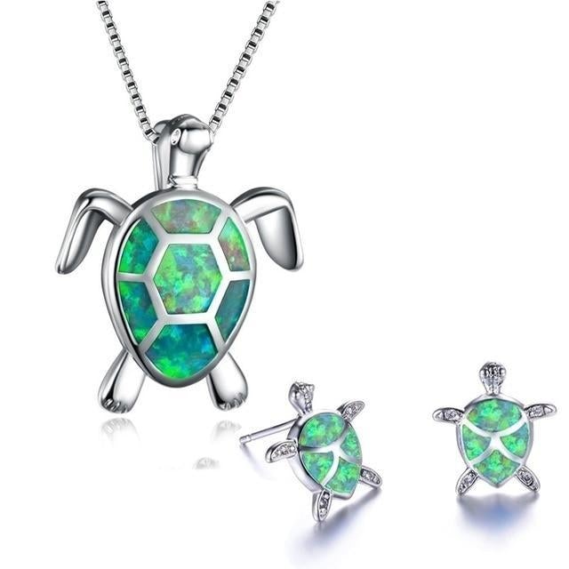 Zeewater Schildpad Hanger + Oorbellen Set in Opal en Zilver