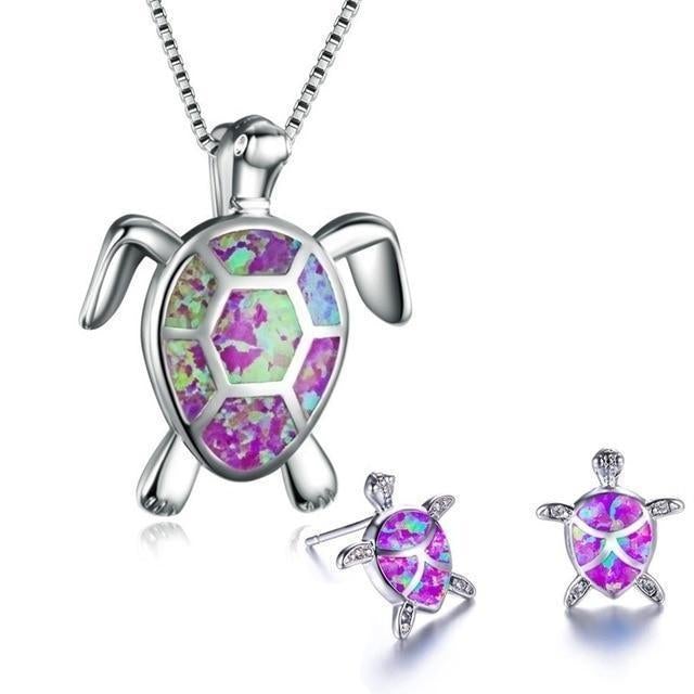 Zeewater Schildpad Hanger + Oorbellen Set in Opal en Zilver