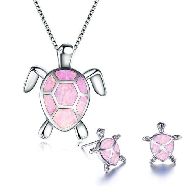 Zeewater Schildpad Hanger + Oorbellen Set in Opal en Zilver