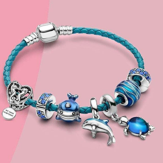 Oceaanstijl Armband + Charms in Leer en Zilver Inclusief